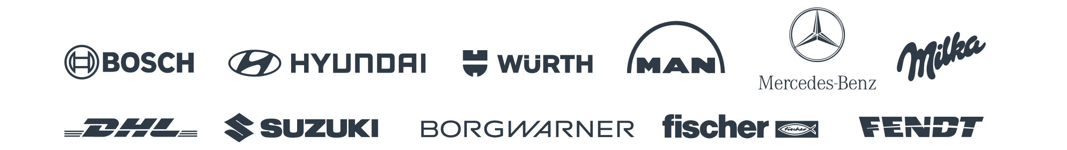 合作品牌 - BOSCH, HYUNDAI, WÜRTH, MAN, Mercedes-Benz, Milka, DHL, SUZUKI, BORGWARNER, fischer, ZF, FENDT